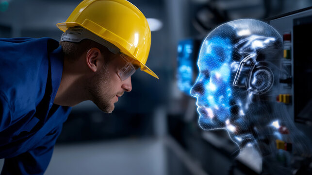 Worker leaning toward a control unit while digital holograms float around, face obscured, background slightly blurred for depth, with copy space - Powered by Adobe