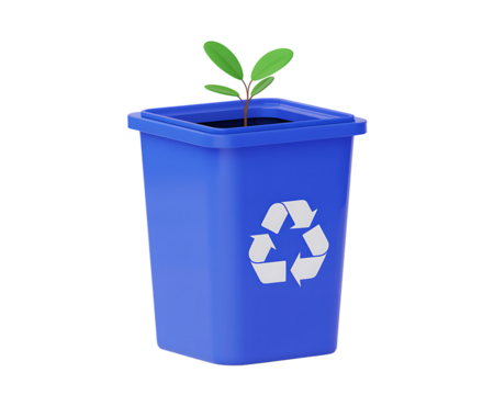 A young plant is growing out of a blue recycling bin 3d render.