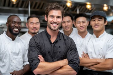 Culinary team showcasing teamwork and professionalism in a busy restaurant kitchen setting