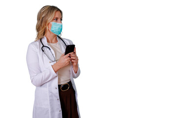 Doctor woman in face mask using smartphone for telehealth consultation on transparent background