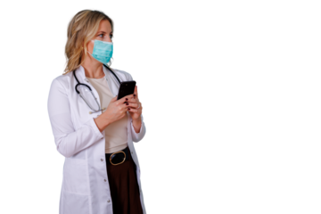 Doctor woman in face mask using smartphone for telehealth consultation on transparent background