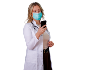 Female doctor in face mask and lab coat using smartphone, providing telehealth consultation on transparent background