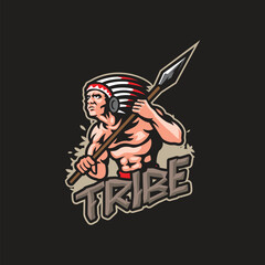 Tribe mascot logo design vector. Tribe illustration with spear in hand.