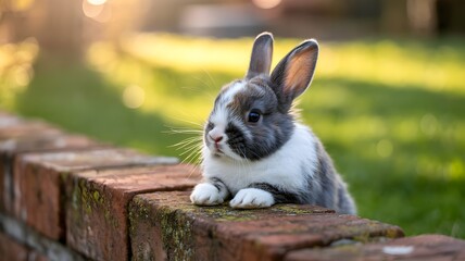 Adorable young grey and white bunny rabbit perched on a rustic brick wall in a sunlit garden during golden hour