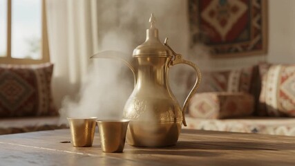 a traditional, ornate brass coffee or tea pot often called a Dallah with steam rising from its spout