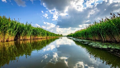 A serene river flows through a landscape lined with tall green reeds, reflecting the blue sky and clouds above.