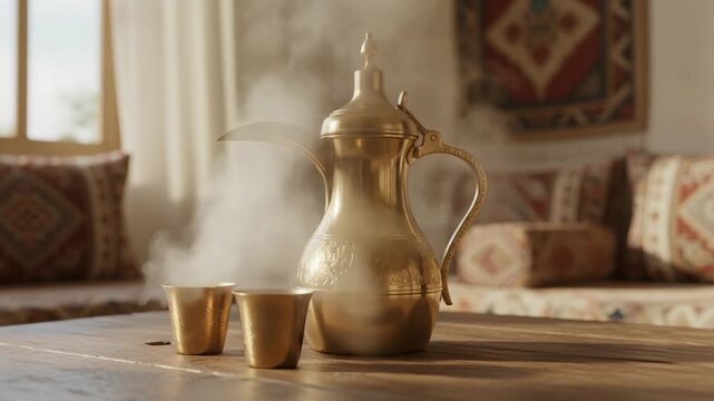 a traditional, ornate brass coffee or tea pot often called a Dallah with steam rising from its spout