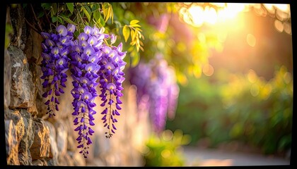 Purple wisteria flowers cascade down a stone wall, with a soft, sunlit garden in the background.