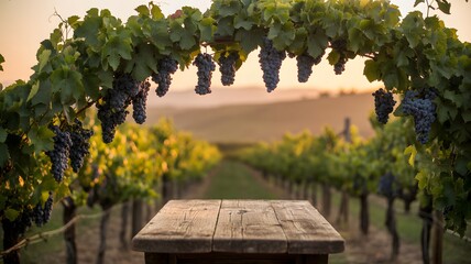 Rustic wooden table in a sunlit vineyard with ripe purple grapes hanging overhead at sunset