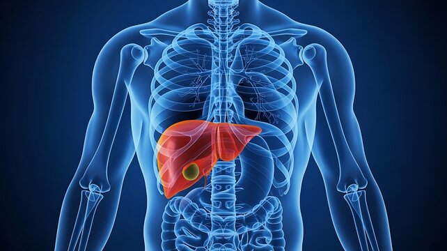 3d medical illustration of human torso with glowing red liver and gallstone human anatomy internal organs