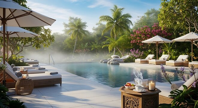 Tropical Resort Infinity Pool With Lounge Chairs And Lush Greenery swimming pool umbrellas - Powered by Adobe
