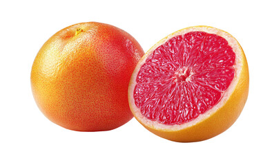 Ripe pink grapefruit, one whole, one halved, on black