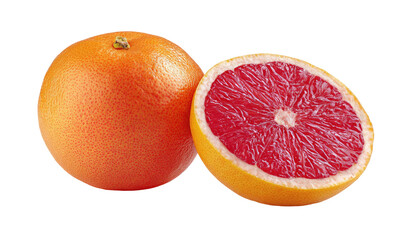 Juicy pink grapefruit, whole and halved, on a black background