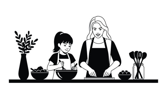 Joyful mother and daughter happily baking together in a bright kitchen - Powered by Adobe
