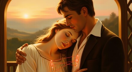 A romantic couple sharing an intimate moment at sunset on a balcony with warm lighting and scenic background, conveying love and tenderness