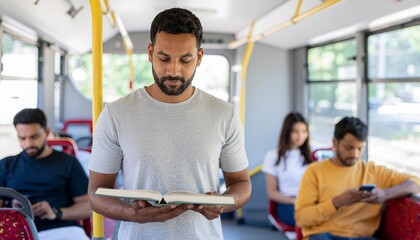 Man Reading on Public Transportation: A thoughtful individual stands on a bus, engrossed in the pages of a book, surrounded by fellow commuters immersed in their respective activities.