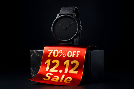 Stylish black wristwatch on marble stand with 70% off 1212 sale ribbon for promotional marketing campaign
