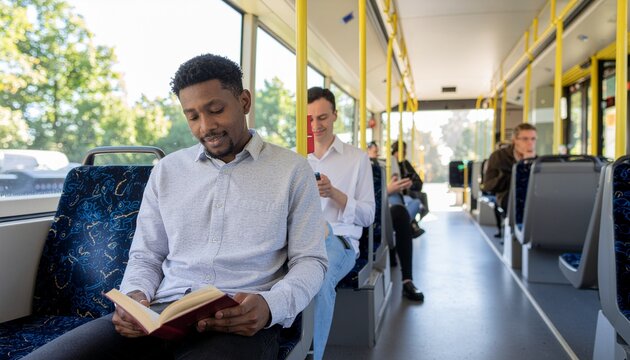 Commuting Comfort on Public Transport: Capture the essence of urban life, where individuals are absorbed in various activities, all the while utilizing an eco-friendly mode of transport.