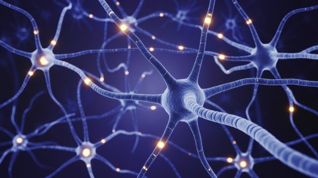 Close up of multiple blue neuron cells with glowing yellow points in a dark blue background - Powered by Adobe