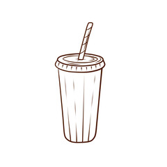 A glass with a straw in outline style. Vector illustration in a simple line style. Image of a disposable drink isolated on a white background. Suitable for menus, packaging, fast food, cafes