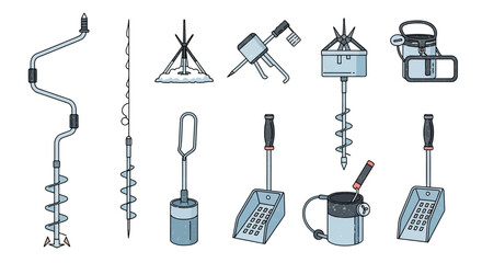 Obraz premium Various ice fishing tools and equipment depicted in a detailed illustration.
