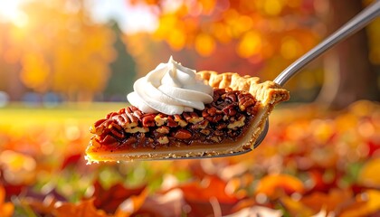 Delicious Pecan Pie Slice with Whipped Cream in Autumn Setting.