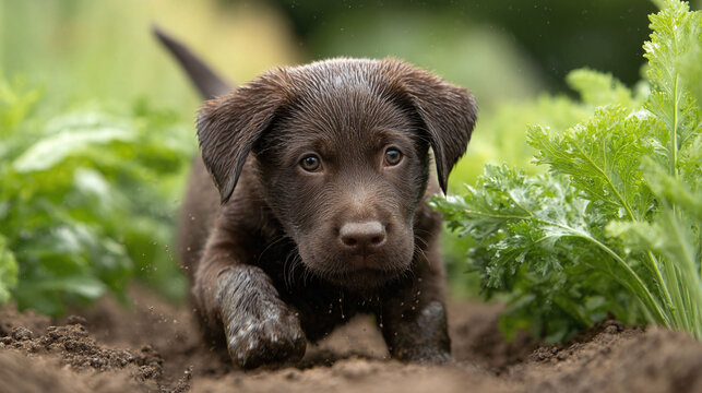 Adorable brown puppy exploring outdoors. The curious Labrador pup ventures into nature, muddy paws and soulful eyes evoking innocence and playful discovery. - Powered by Adobe