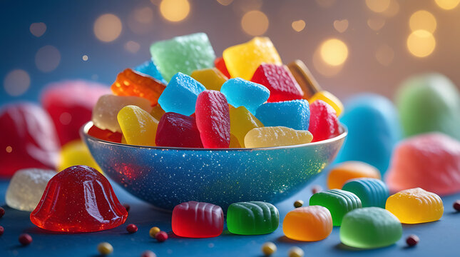 A colorful assortment of gummy candies in a bowl with a bokeh background glow, HD, and 4k image - Powered by Adobe