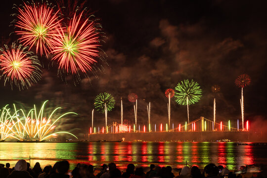 Bright colorful fireworks in the night sky over the Gwangan-li brige in Busan South Korea