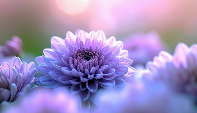 A detailed, close-up view of a vibrant purple chrysanthemum flower in full bloom, with soft, blurred purple and pink bokeh in the background. - Powered by Adobe