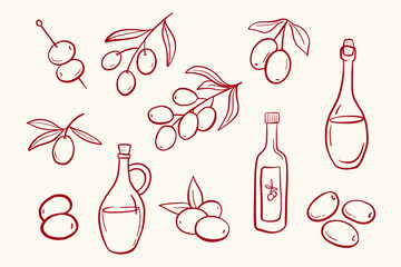 Olive branch line art. Vector illustration with olive leaves and bottle. Botanical hand draw sketch of mediterranean cuisine. Outline whimsical collection © Elena