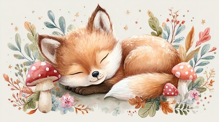 Cute fox sleeping among flowers and mushrooms.