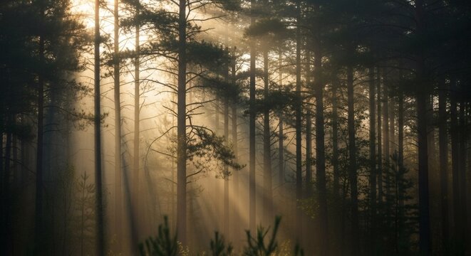 Golden sunlight piercing through a dense, misty forest, illuminating tall pine trees with ethereal rays.