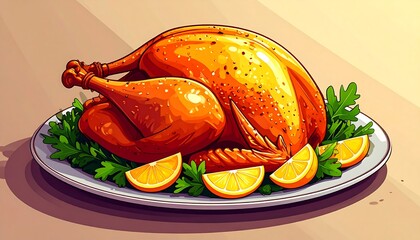 Festive Roasted Turkey with Citrus Garnish Illustration.
