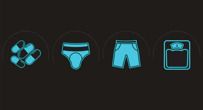 Body wellness icons pills briefs shorts scales for health and fitness goals