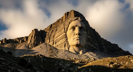A majestic view of a large mountain with a carved face sculpture set against a partly cloudy sky during daytime