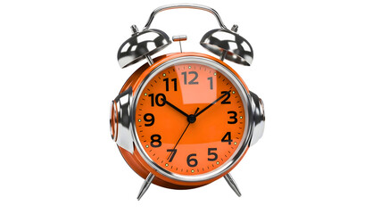 Orange alarm clock with chrome accents showing time management concept on transparent background