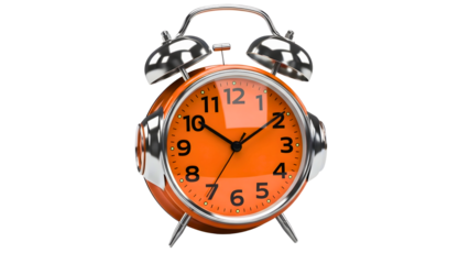 Orange alarm clock with chrome accents showing time management concept on transparent background