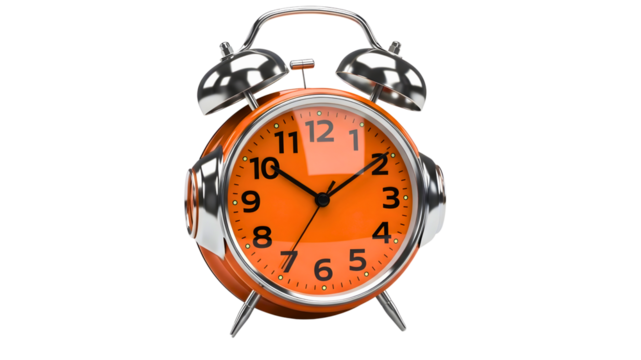Orange alarm clock with chrome accents showing time management concept on transparent background