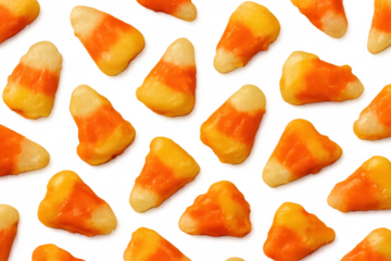 Candy corn sweets displaying orange, yellow, and white bands, creating a playful, delicious pattern on a transparent background