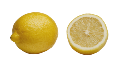 Whole and halved bright yellow citrus fruit on black