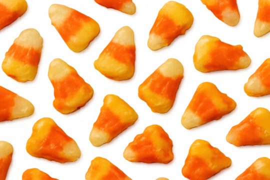 Candy corn sweets displaying orange, yellow, and white bands, creating a playful, delicious pattern on a transparent background