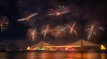 Bright colorful fireworks in the night sky over the Gwangan-li brige in Busan South Korea