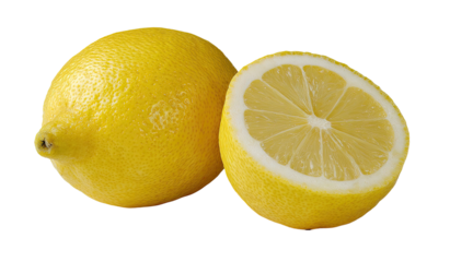 Bright yellow whole lemon and its juicy, sliced half