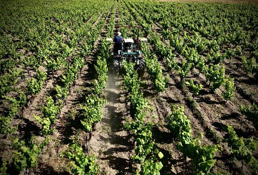 Aerial view of a tractor meticulously working its way through the lush green vineyards, creating a striking contrast against the earth, Vertou, Pays de la Loire, France.