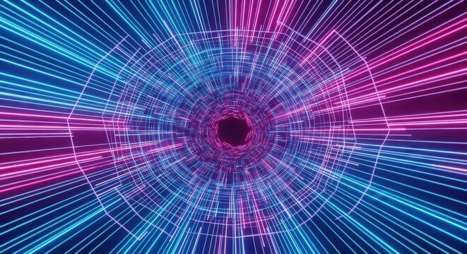 Futuristic digital tunnel with vibrant neon lines creating a mesmerizing effect