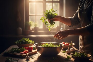 Hands preparing a fresh salad with herbs, tomatoes, and greens in warm natural window light, creating a rustic kitchen cooking scene with soft atmospheric mood.