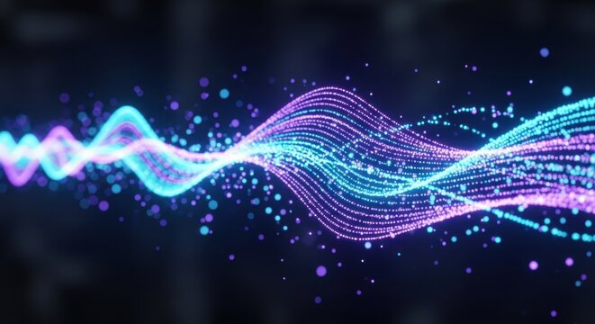 Abstract digital wave pattern with vibrant neon colors and flowing particles for modern technology