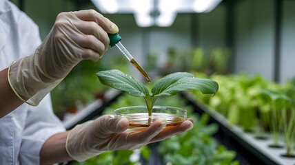 Scientist in laboratory wearing gloves carefully adds liquid from dropper to a small plant in a petri dish for research