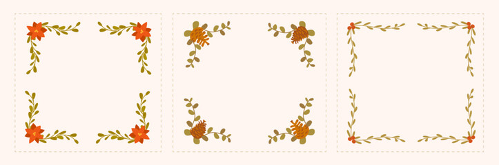 Festive Christmas set of retro style floral frames. Eucalyptus and mistletoe branches, pine cones, holly berries, poinsettia flowers. Perfect for greeting cards, packaging, gifts, invitations.